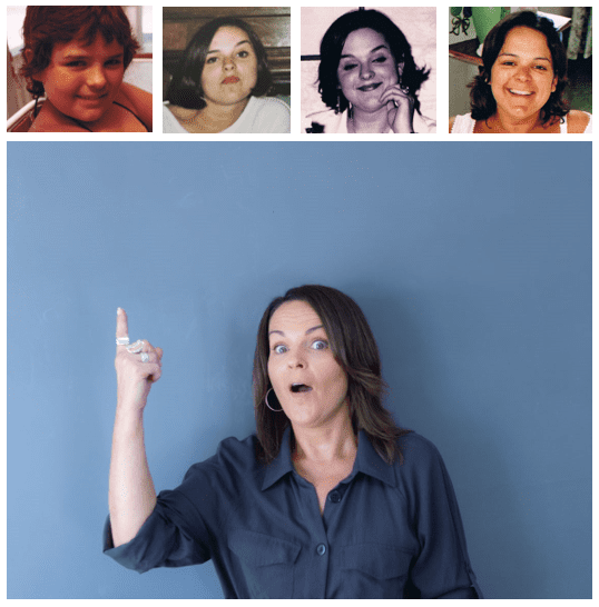 natasha with a shocked face pointing at 4 overweight picture aged 7 to 28