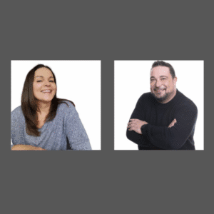 me in a grey top with white background and wayne bavin in a black top with a white background