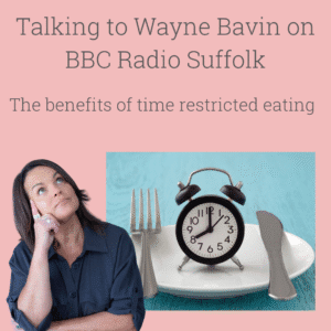 pink background with natasha looking thoughtful and a plate with a knife and fork and alarm clock.