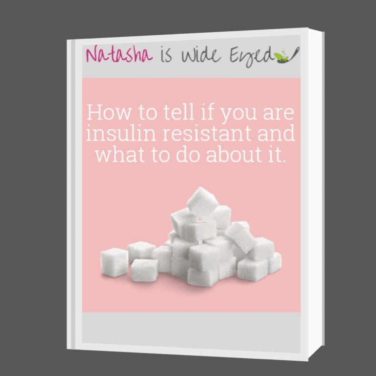 dark grey background with a pink box, a pile of sugar cubes and the title how to tell if you are insulin resistant and what to do about it