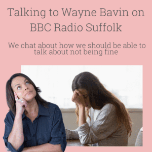 pink backgroun with a picture of a thoughtful natasha hodge, plus a picture of a woman being upset at work. Title saying we chat about how we should be able to talk about not being fine