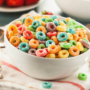a white bowl full of multicoloured cereal