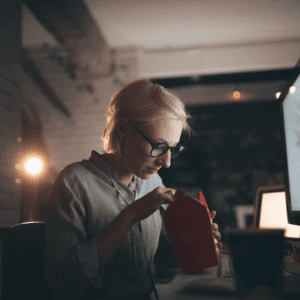 Dimly lit room. Blonde woman hunched over a Chinese food carton.